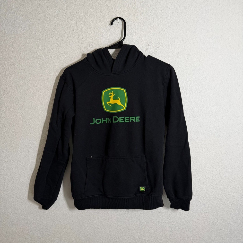 John Deere Hoodie Boys XL 14/16 Black Graphic‎ Print Spellout Logo Cotton Ribbed